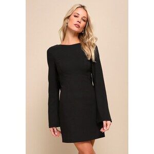 Lulus Elegant Cutie Black Bow Long Sleeve Backless Mini Dress - Size S